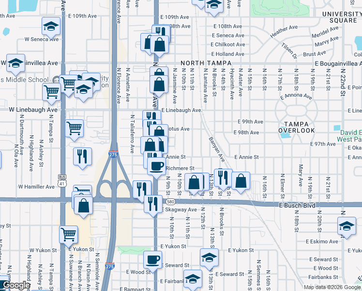 map of restaurants, bars, coffee shops, grocery stores, and more near 9610 North 10th Street in Tampa