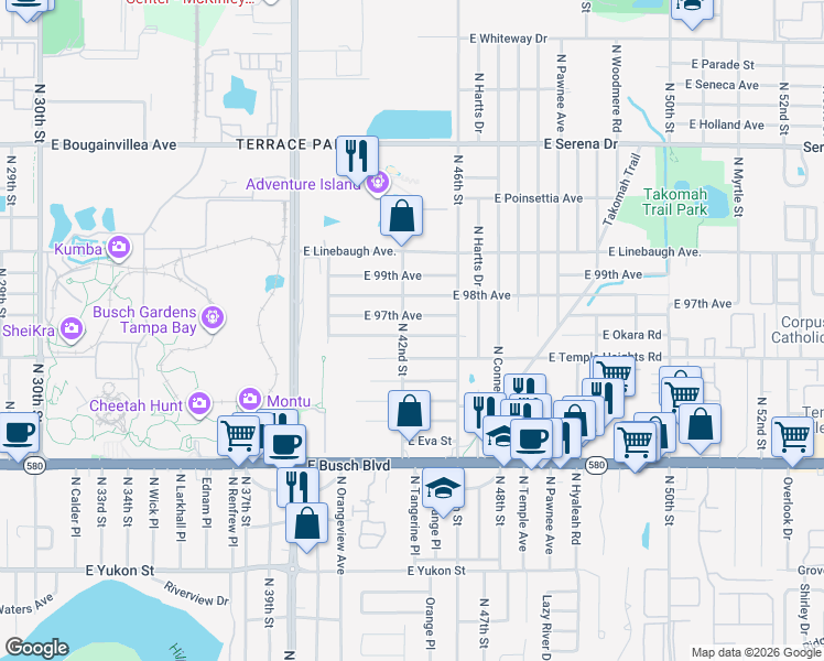 map of restaurants, bars, coffee shops, grocery stores, and more near 4206 East Temple Heights Road in Tampa