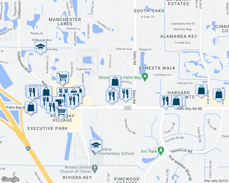 map of restaurants, bars, coffee shops, grocery stores, and more near 1155 Palm Bay Road Northeast in Melbourne