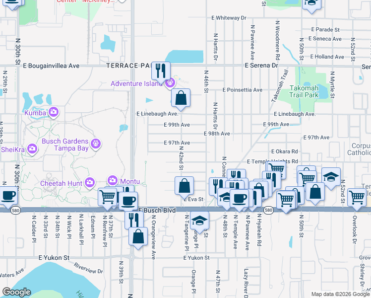 map of restaurants, bars, coffee shops, grocery stores, and more near 4206 East Temple Heights Road in Tampa