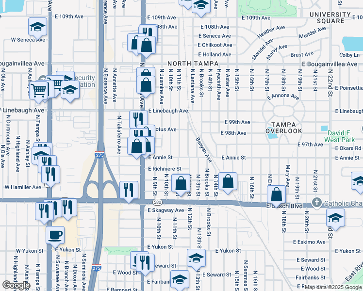 map of restaurants, bars, coffee shops, grocery stores, and more near 1106 East Annie Street in Tampa