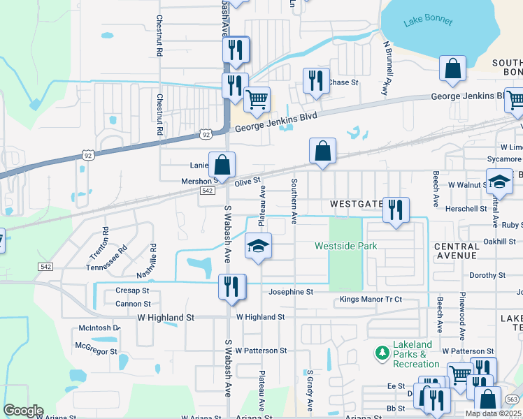 map of restaurants, bars, coffee shops, grocery stores, and more near 615 Plateau Avenue in Lakeland
