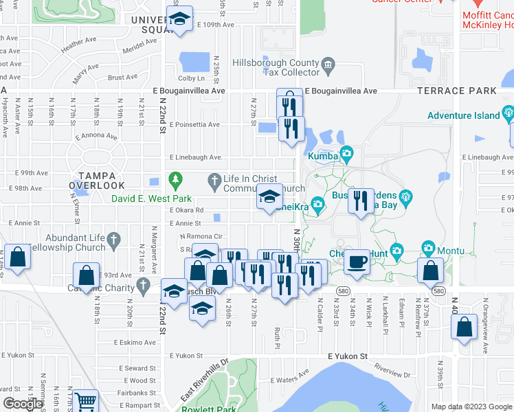 map of restaurants, bars, coffee shops, grocery stores, and more near 2704 East Okara Road in Tampa