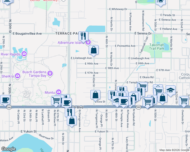 map of restaurants, bars, coffee shops, grocery stores, and more near 4206 East Temple Heights Road in Tampa