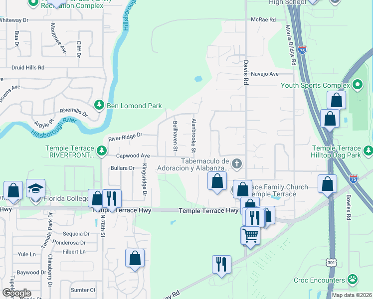 map of restaurants, bars, coffee shops, grocery stores, and more near 8013 Capwood Avenue in Tampa