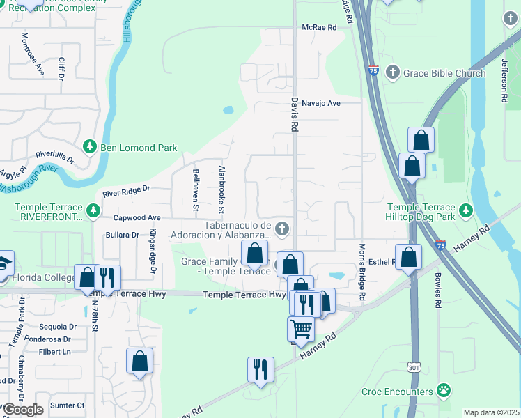 map of restaurants, bars, coffee shops, grocery stores, and more near 8531 Queen Brooks Court in Tampa