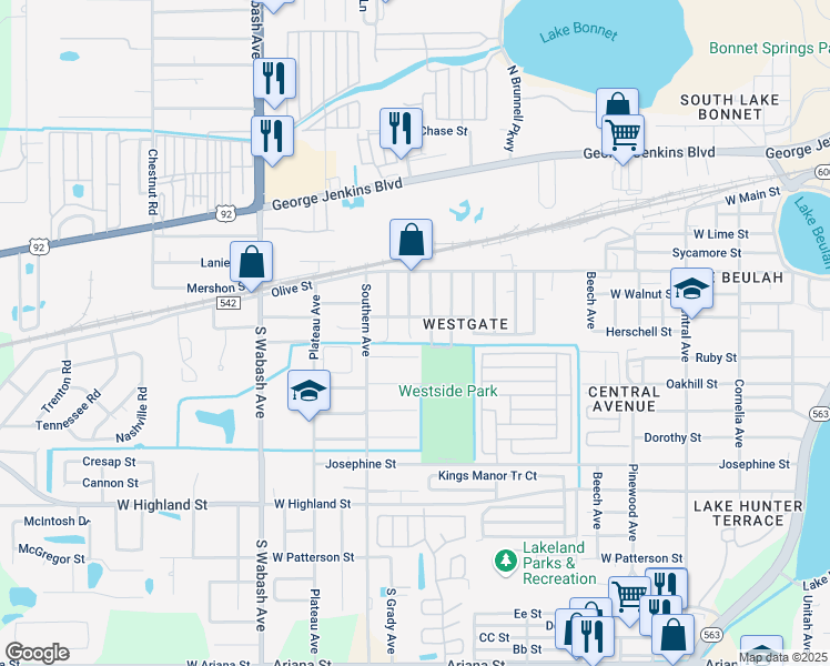 map of restaurants, bars, coffee shops, grocery stores, and more near 614 Arapahoe Avenue in Lakeland