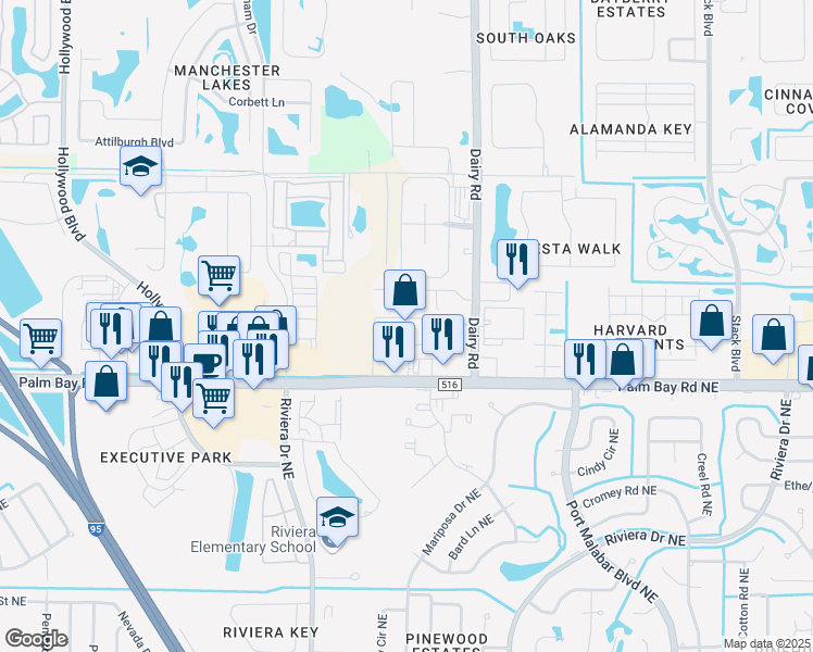 map of restaurants, bars, coffee shops, grocery stores, and more near 1155 Palm Bay Road Northeast in Melbourne