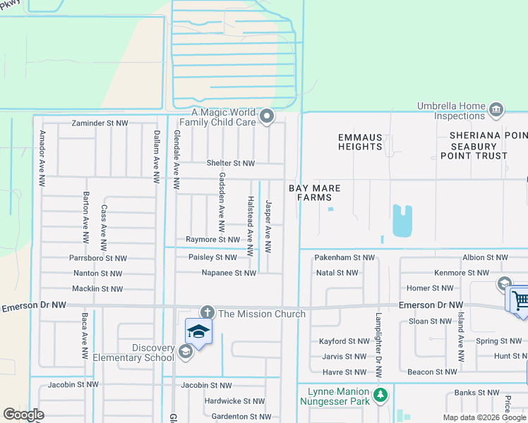map of restaurants, bars, coffee shops, grocery stores, and more near 1501 Halstead Avenue Northwest in Palm Bay