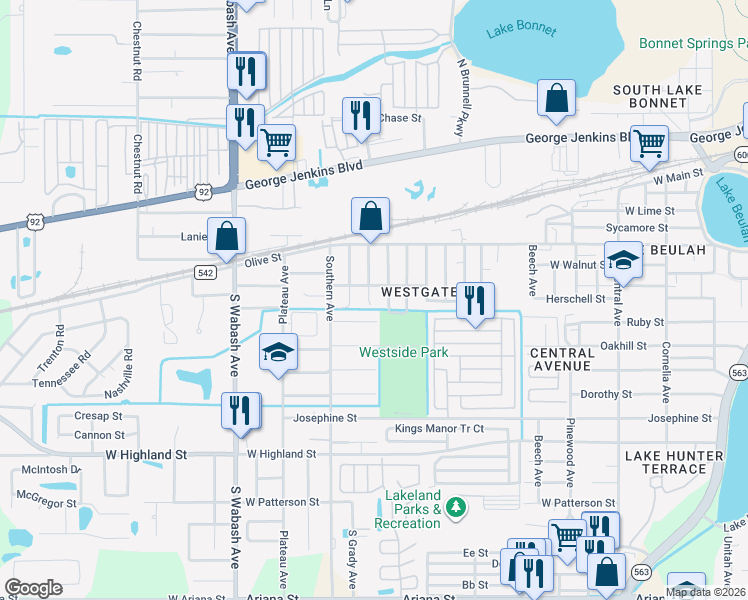 map of restaurants, bars, coffee shops, grocery stores, and more near 1801 Ruby Street in Lakeland