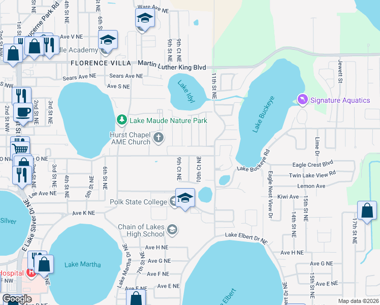 map of restaurants, bars, coffee shops, grocery stores, and more near 987 Avenue O Northeast in Winter Haven