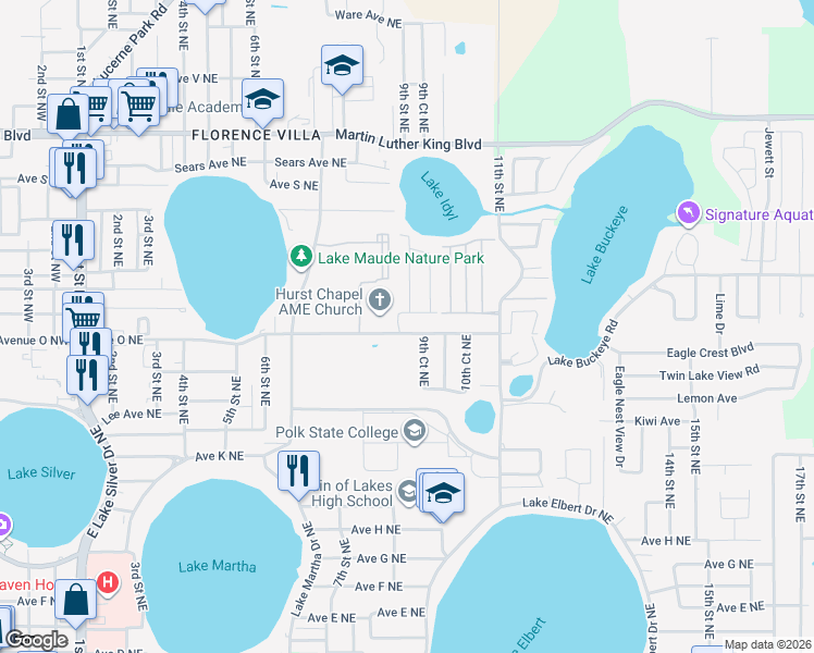 map of restaurants, bars, coffee shops, grocery stores, and more near 907 Avenue O Northeast in Winter Haven