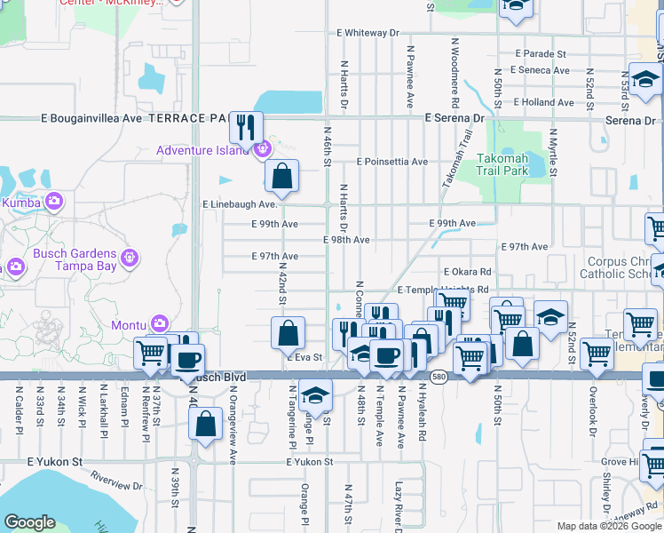 map of restaurants, bars, coffee shops, grocery stores, and more near 9613 North 46th Street in Tampa