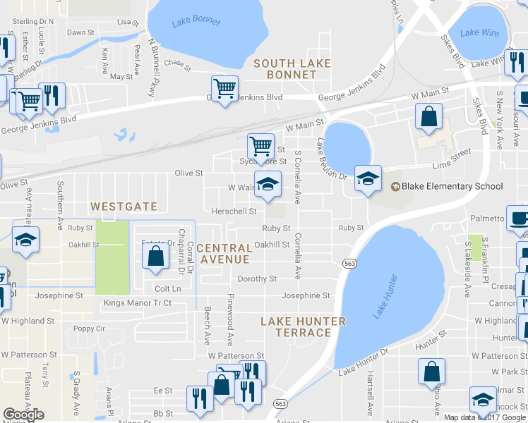 map of restaurants, bars, coffee shops, grocery stores, and more near 1200 Herschell Street in Lakeland