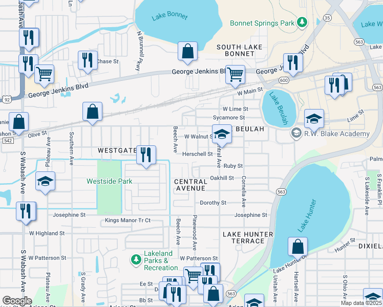 map of restaurants, bars, coffee shops, grocery stores, and more near 1326 Herschell Street in Lakeland
