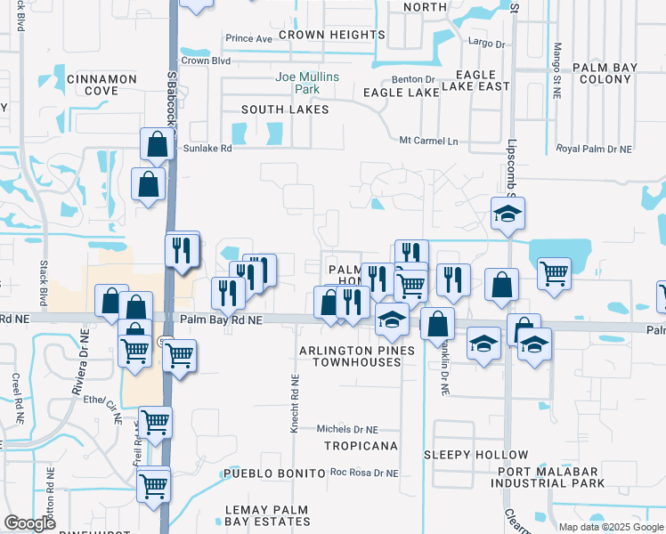 map of restaurants, bars, coffee shops, grocery stores, and more near 2812 Pinewood Drive Northeast in Palm Bay
