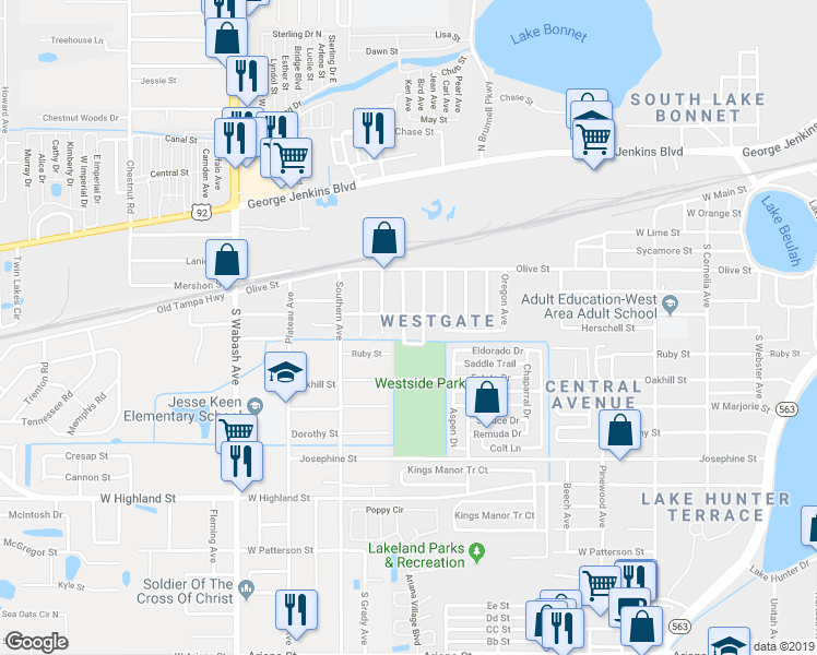 map of restaurants, bars, coffee shops, grocery stores, and more near 612 South Mohawk Avenue in Lakeland