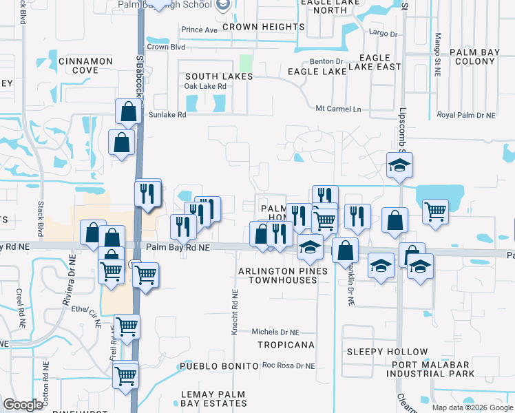 map of restaurants, bars, coffee shops, grocery stores, and more near 2315 Pinewood Drive Northeast in Palm Bay