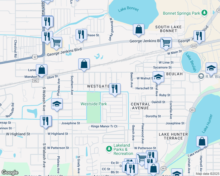 map of restaurants, bars, coffee shops, grocery stores, and more near 519 Kansas Avenue in Lakeland