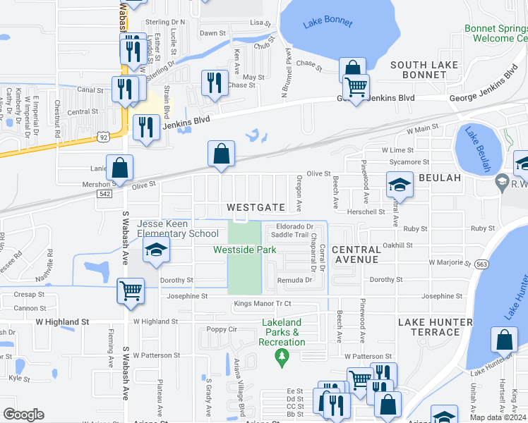 map of restaurants, bars, coffee shops, grocery stores, and more near 519 Kansas Avenue in Lakeland