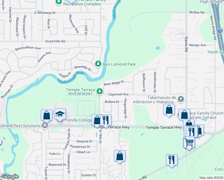 map of restaurants, bars, coffee shops, grocery stores, and more near 7901 River Ridge Drive in Tampa