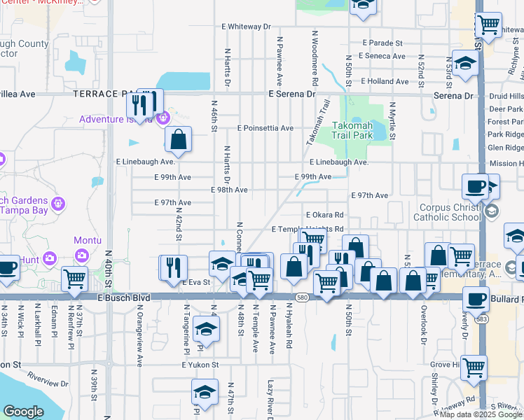 map of restaurants, bars, coffee shops, grocery stores, and more near 9622 North Oklawaha Avenue in Tampa