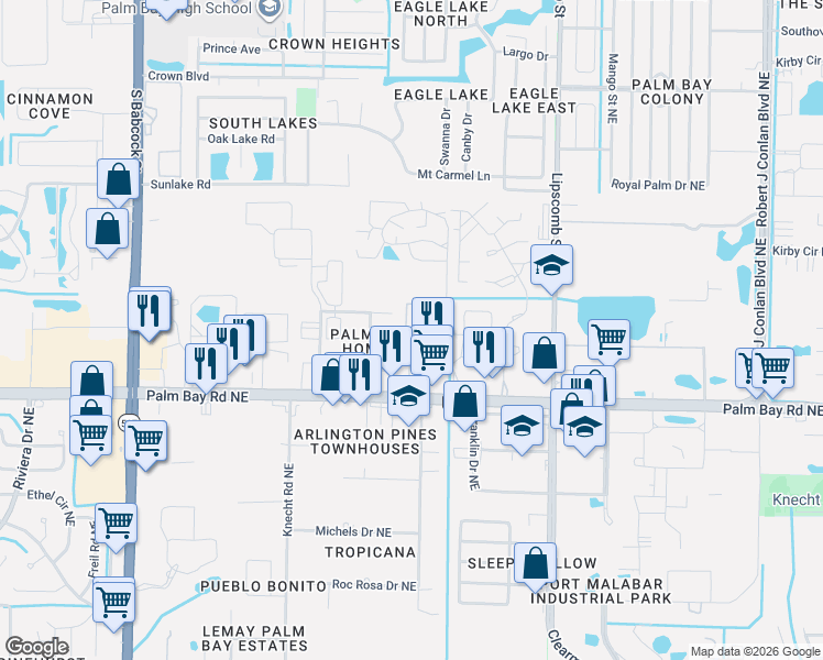 map of restaurants, bars, coffee shops, grocery stores, and more near 2018 Manor Drive Northeast in Palm Bay