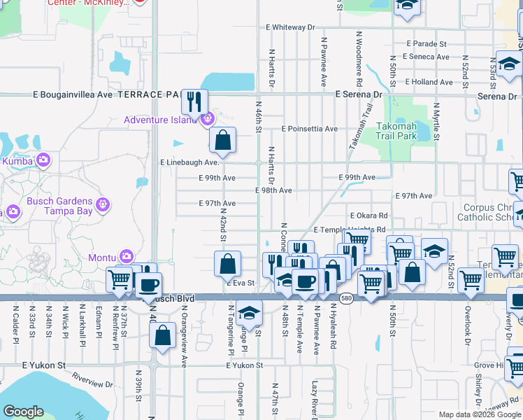 map of restaurants, bars, coffee shops, grocery stores, and more near 9613 North 46th Street in Tampa