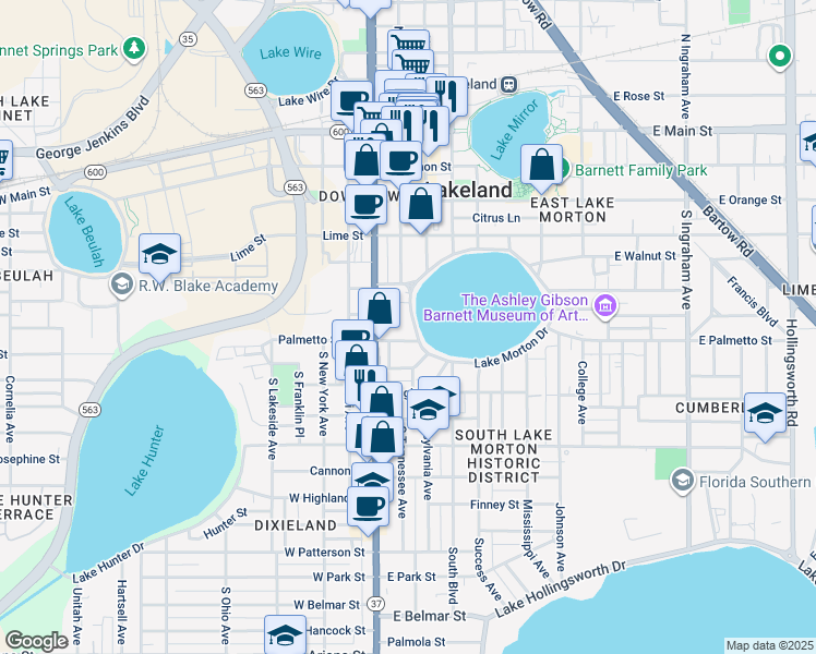 map of restaurants, bars, coffee shops, grocery stores, and more near 200 Lake Morton Drive in Lakeland