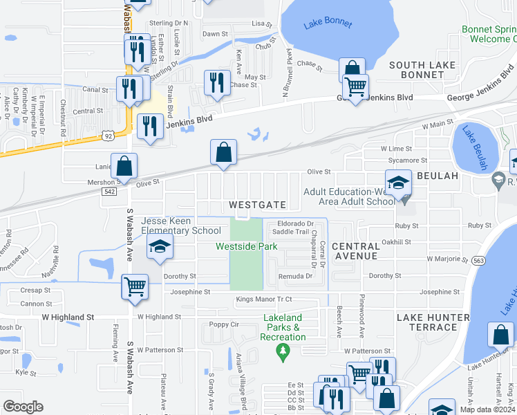 map of restaurants, bars, coffee shops, grocery stores, and more near 613 South Westgate Avenue in Lakeland