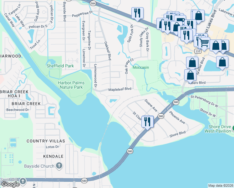 map of restaurants, bars, coffee shops, grocery stores, and more near 1710 Mapleleaf Boulevard in Oldsmar