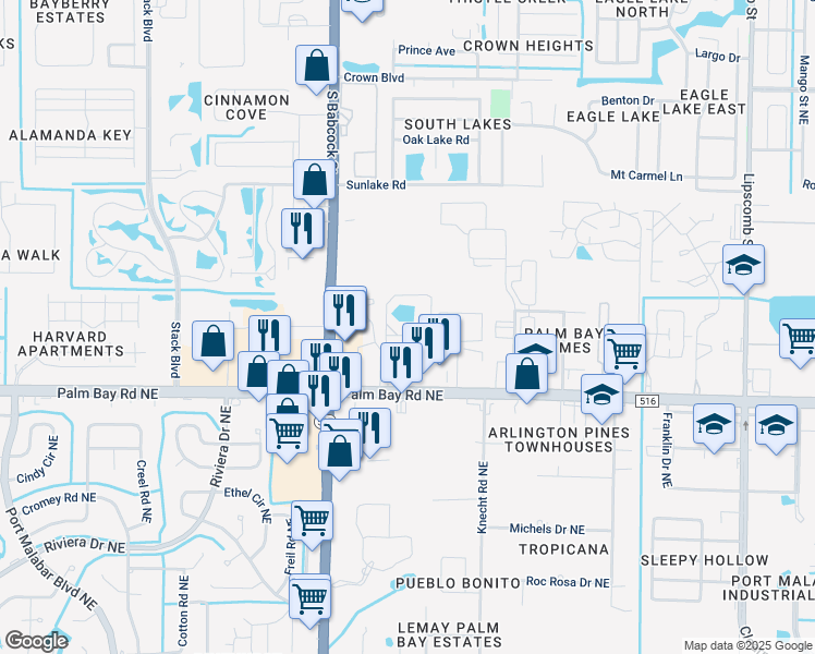 map of restaurants, bars, coffee shops, grocery stores, and more near 1725 Monterey Drive Northeast in Palm Bay