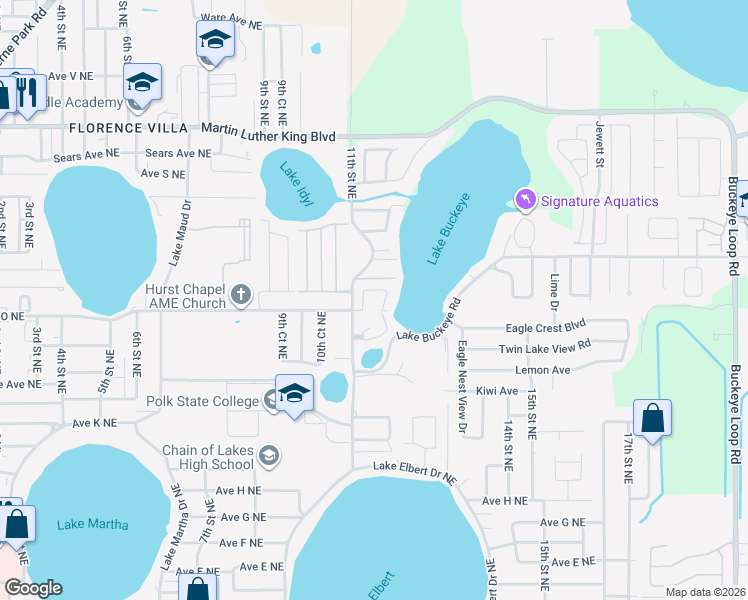 map of restaurants, bars, coffee shops, grocery stores, and more near 1530 11th Street Northeast in Winter Haven