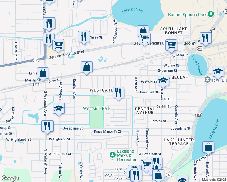 map of restaurants, bars, coffee shops, grocery stores, and more near 519 Kansas Avenue in Lakeland