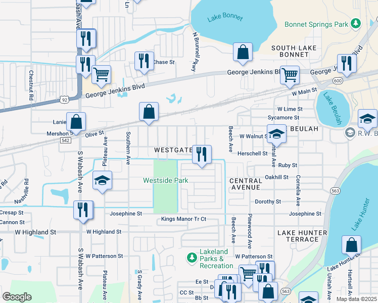 map of restaurants, bars, coffee shops, grocery stores, and more near 519 Kansas Avenue in Lakeland