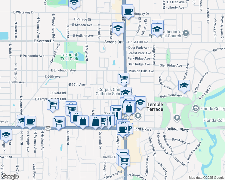 map of restaurants, bars, coffee shops, grocery stores, and more near 9718 Beverly Drive in Tampa