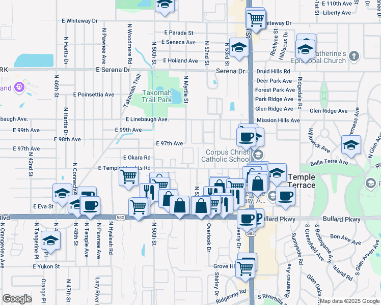 map of restaurants, bars, coffee shops, grocery stores, and more near 5112 Temple Heights Road in Tampa