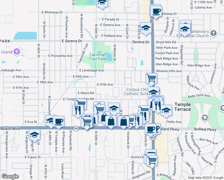 map of restaurants, bars, coffee shops, grocery stores, and more near 5156 Tennis Court Circle in Tampa