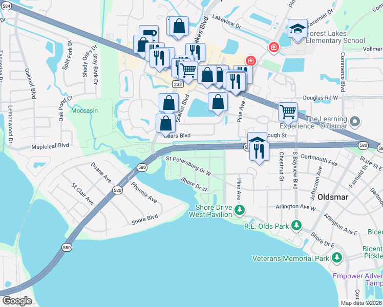 map of restaurants, bars, coffee shops, grocery stores, and more near 204 Bedford Street in Oldsmar
