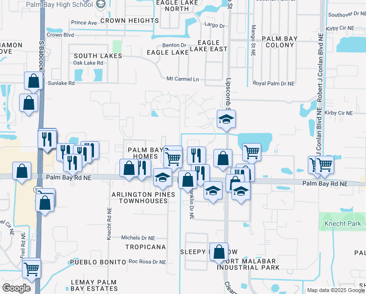 map of restaurants, bars, coffee shops, grocery stores, and more near 1515 Vista Oaks Circle Northeast in Palm Bay