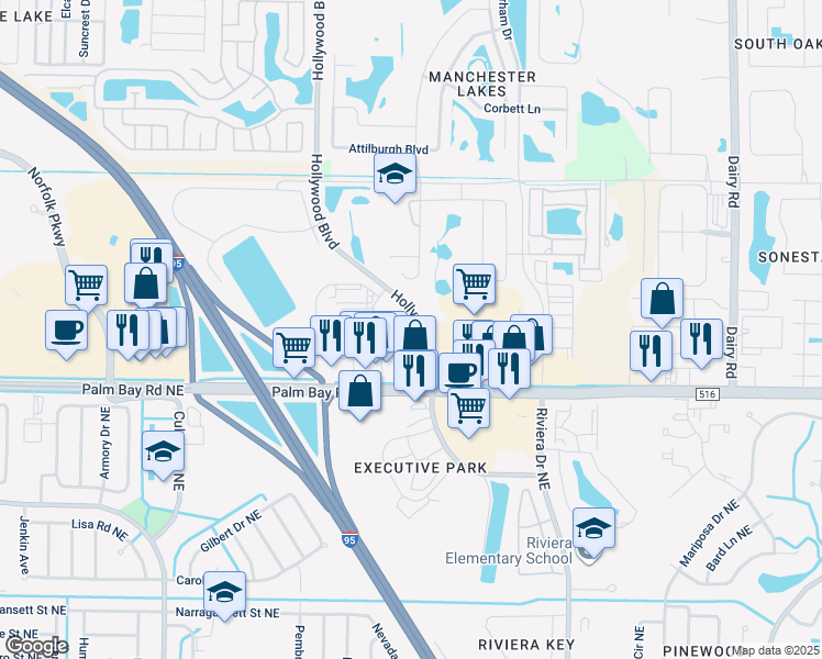 map of restaurants, bars, coffee shops, grocery stores, and more near Hollywood Boulevard in West Melbourne