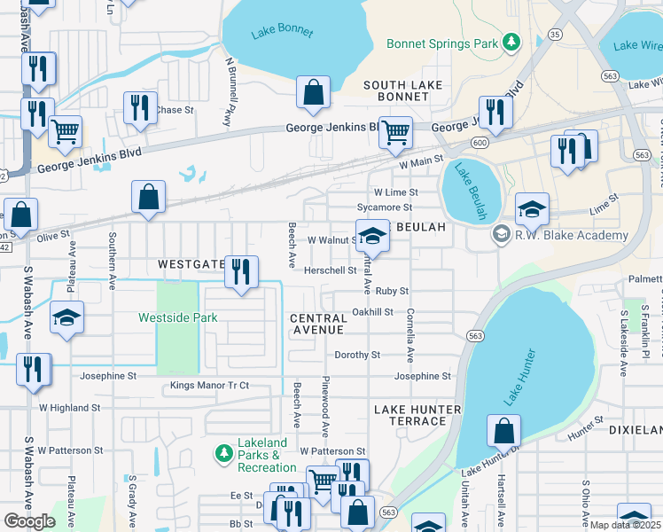map of restaurants, bars, coffee shops, grocery stores, and more near 536 Pinewood Avenue in Lakeland