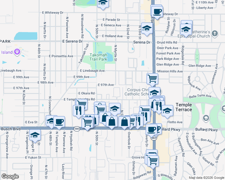 map of restaurants, bars, coffee shops, grocery stores, and more near 5156 Tennis Court Circle in Tampa