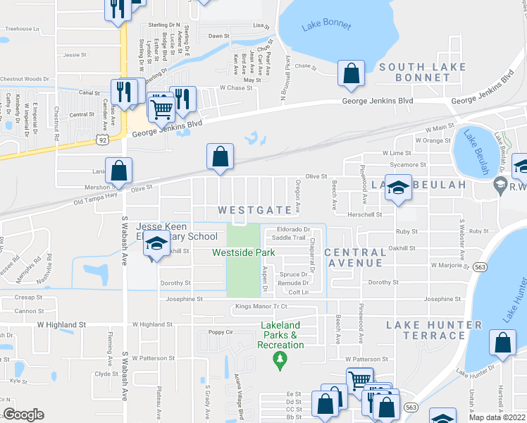 map of restaurants, bars, coffee shops, grocery stores, and more near 612 South Westgate Avenue in Lakeland