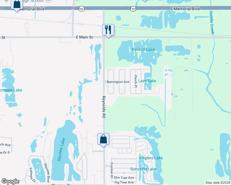 map of restaurants, bars, coffee shops, grocery stores, and more near 519 Oak Ridge West in Lakeland