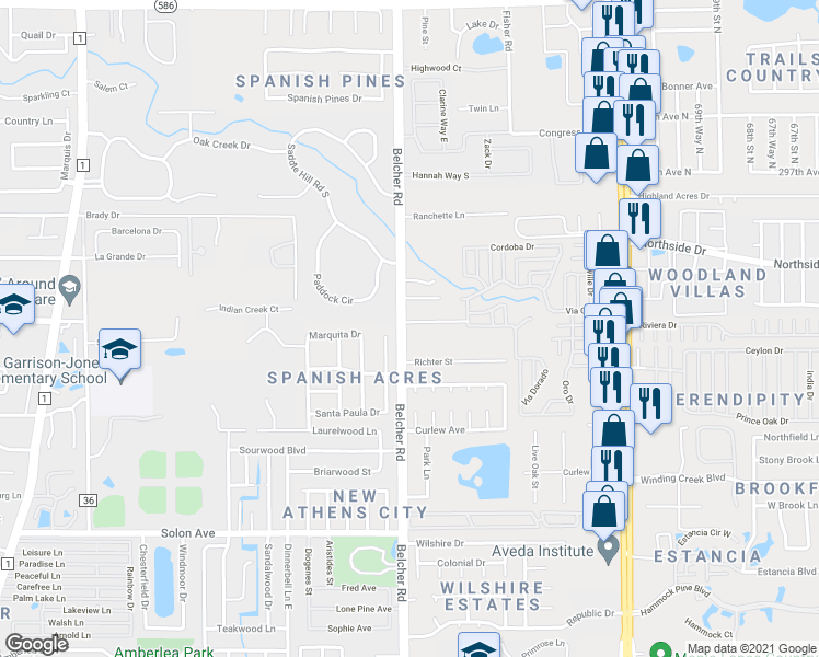map of restaurants, bars, coffee shops, grocery stores, and more near 2201 Spanish Vistas Drive in Dunedin