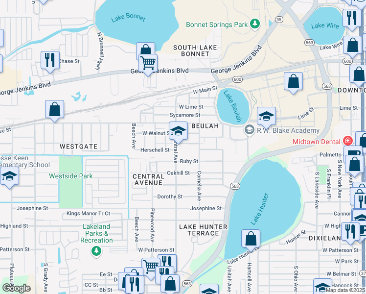 map of restaurants, bars, coffee shops, grocery stores, and more near 604 South Central Avenue in Lakeland
