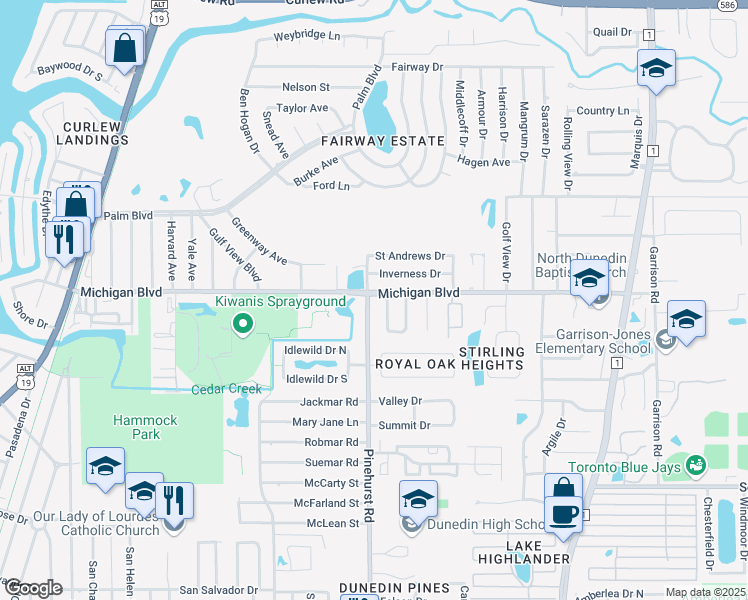 map of restaurants, bars, coffee shops, grocery stores, and more near 2001 Pinehurst Road in Dunedin