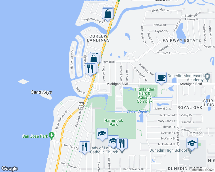 map of restaurants, bars, coffee shops, grocery stores, and more near 645 Michigan Boulevard in Dunedin