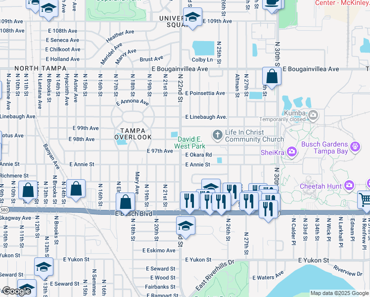 map of restaurants, bars, coffee shops, grocery stores, and more near 2212 East 97th Avenue in Tampa